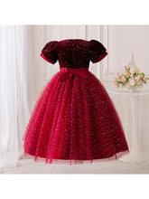 Elegant Young Girl Long Party Dress With Cute Puff Sleeves & Glitter Decor